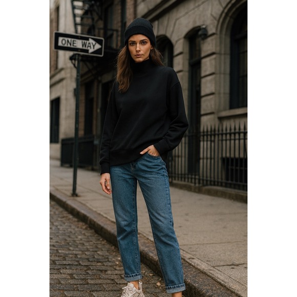 MPG Black Mock Neck Pullover Sweatshirt Athleisure Minimalist Layering Medium - Picture 1 of 8